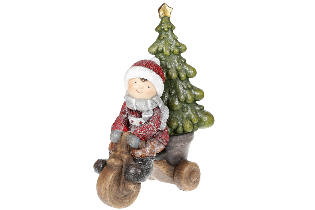 Новорічна фігура Хлопчик на велосипеді у червоному светрі 54см
