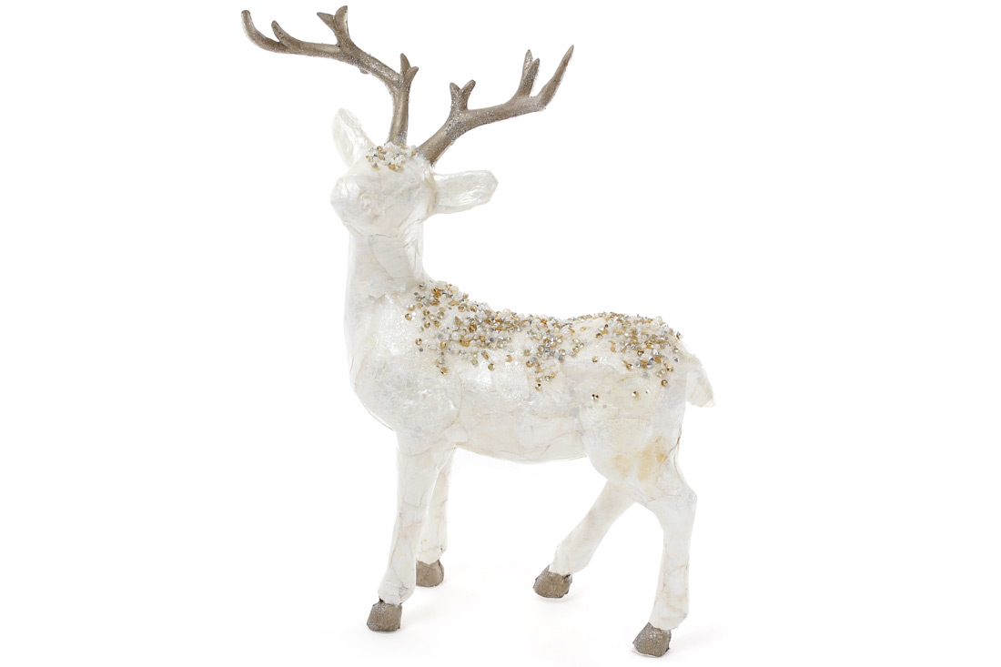 Декоративна фігура під ялинку Олень з декором з блискіток та бісеру, 42см, колір - білий перламутр