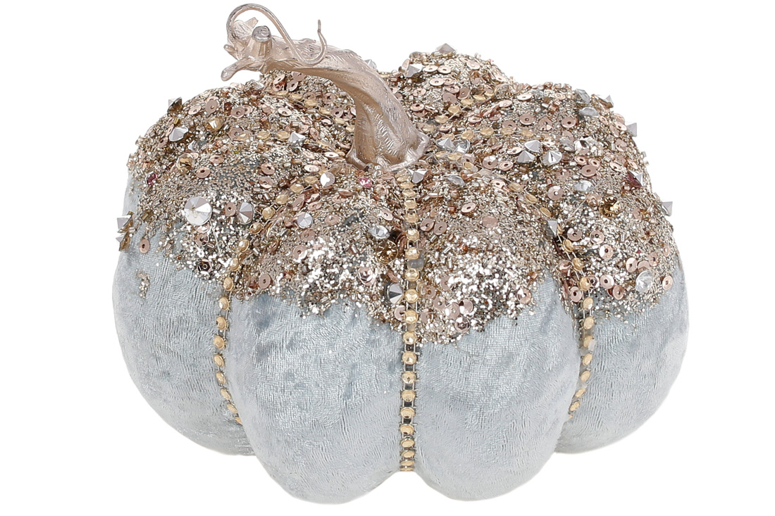 Новорічний декор Гарбуз з оксамитовим покриттям та декором зі страз, 19см, колір - світло-блакитний