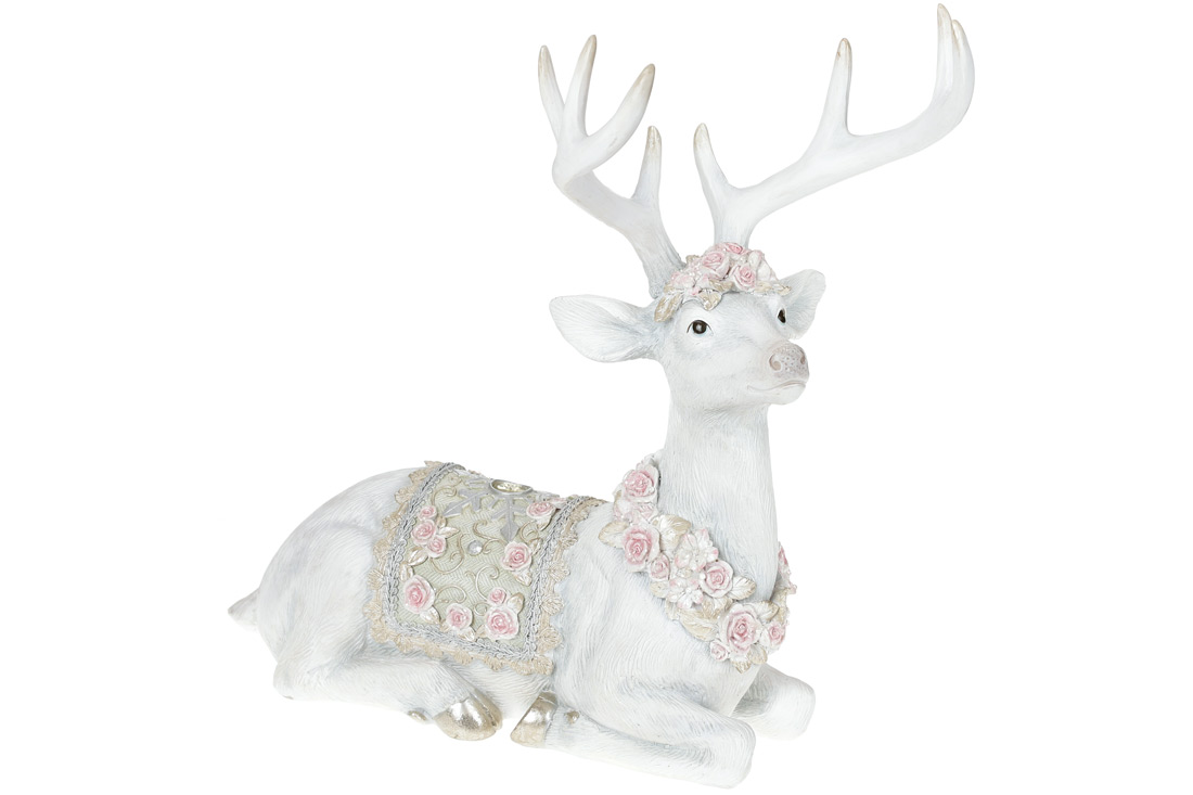 Декоративна фігура Олень у трояндах зі стразами 38см, колір - білий з рожевим