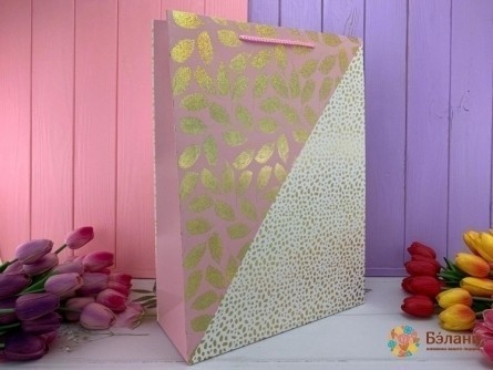 Подарочный пакет "Leaf and dots" розовый L
