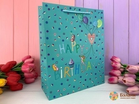 Подарочный пакет "Happy Bday Dots" голубой L