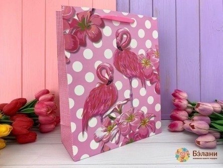 Подарочный пакет "Flamingo" белый горох L