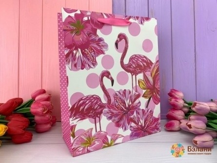 Подарочный пакет "Flamingo" розовый горох L