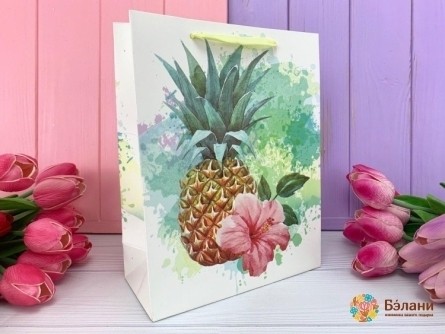 Подарочный пакет "Pineapple" розовый цветок L