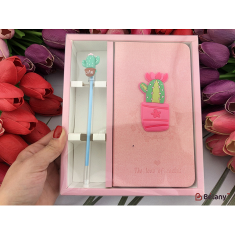 Набор блокнот с ручкой "Happiness" pink cactus