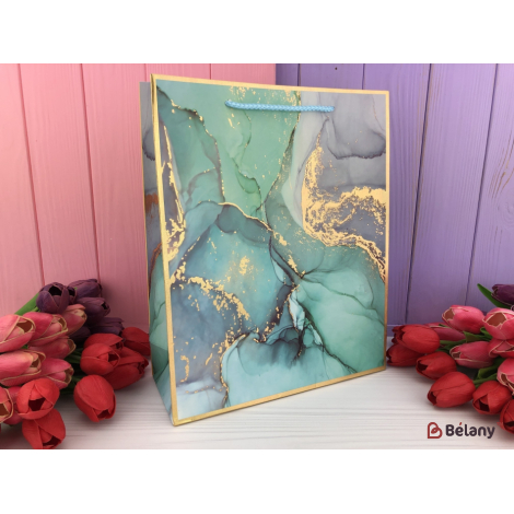 Подарочные пакеты "Gold marble" L голубые