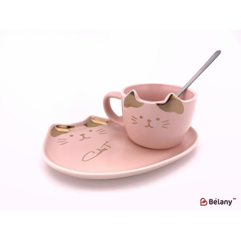 Керамическая чашка "МурМяу" с блюдцем розовая