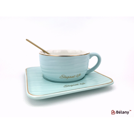 Керамическая чашка с блюдцем "Waves" голубая