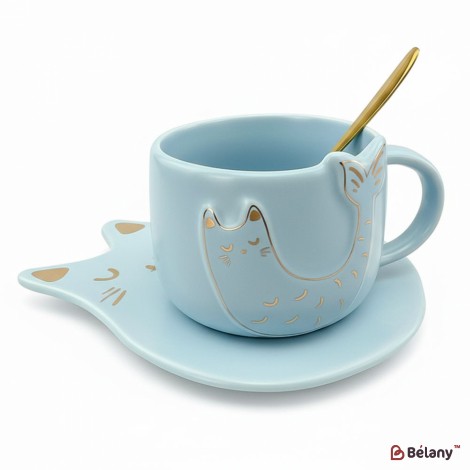 Керамическая чашка с блюдцем "Fishcat" голубая