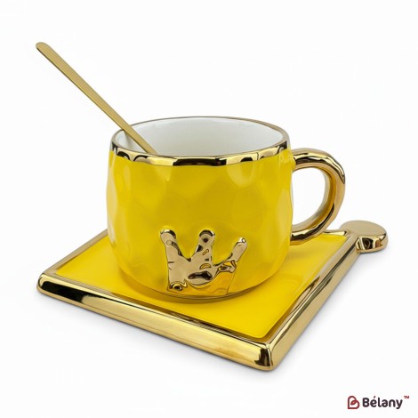 Керамическая чашка с блюдцем "Gold crown" оранж