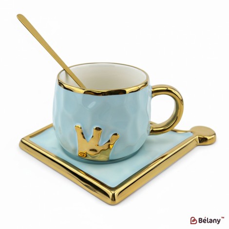 Керамическая чашка с блюдцем "Gold crown" небесная
