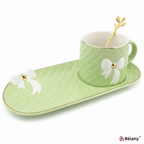 Керамічна чашка із блюдцем "Softy bow" зелена