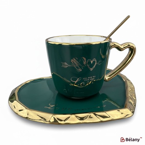 Керамическая чашка с блюдцем "Deep Gold heart" изумруд