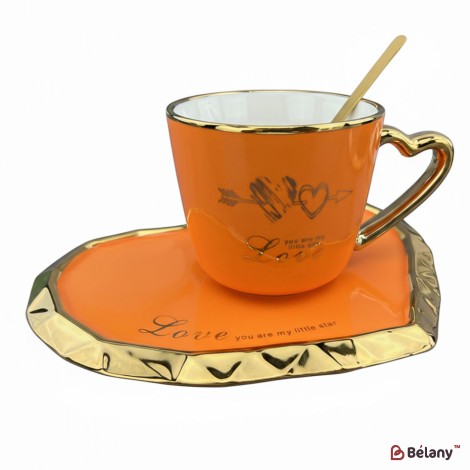 Керамічна чашка з блюдцем "Deep Gold heart" оранж