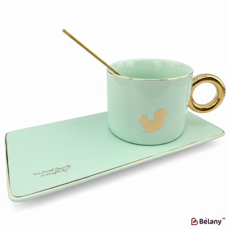 Керамическая чашка с блюдцем "Animals" мятная