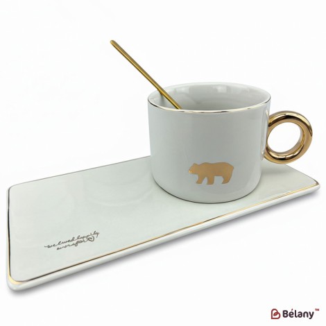 Керамическая чашка с блюдцем "Animals" серая