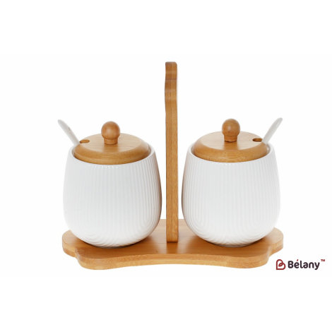 Набір банок з ложками на бамбуковій підставці "White" (2 шт) 350 мл