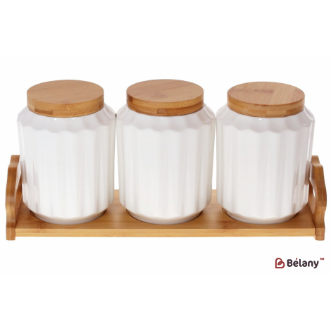 Набір банок з ложками на бамбуковій підставці "White" (3 шт) 350 мл