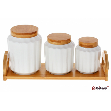 Набір банок на бамбуковій підставці різних розмірів "White" (3 шт) 900, 600, 350 мл