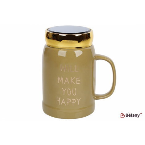 Порцеляновий кухоль з кришкою з пластику 550 мл "Happy"