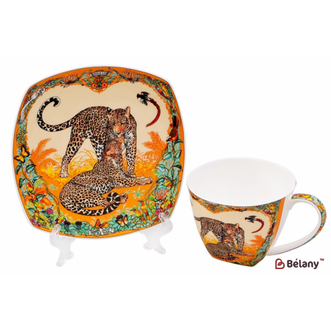 Фарфоровая кофейная пара 260 мл (чашка, блюдце) "Leopards in love" в подарочной коробке