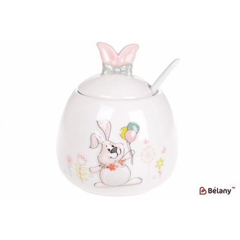 Керамическая сахарница с ложкой 12 см "Merry fellow" ,белый с розовым