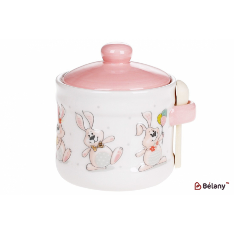 Керамическая банка с деревянной ложкой 12 см "Merry fellow" ,белый с розовым