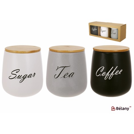 Набор (3шт) керамических банок 1л с бамбуковыми крышками Sugar, Tea, Coffee, цвет: матовый белый, серый, черный