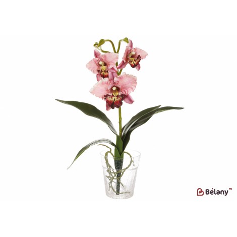 Декоративная ветвь Орхидеи из латекса с листьями и корешками, 18*49см, цвет - розовый