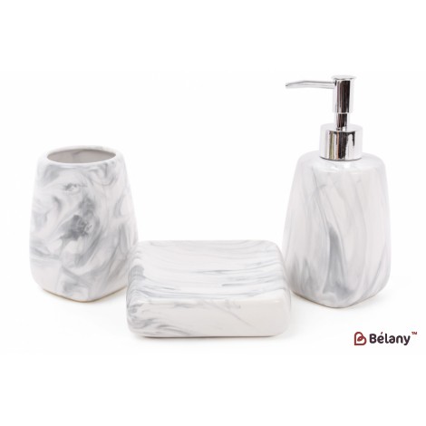 Набор для ванной (3 предмета): дозатор 425мл, стакан, мыльница, дизайн - белый мрамор