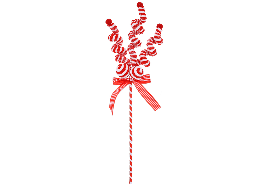 Ялинкова прикраса Льодяник на паличці з плюшу, прикрашений гліттером, 58см, колір - червоний з білим - Фото