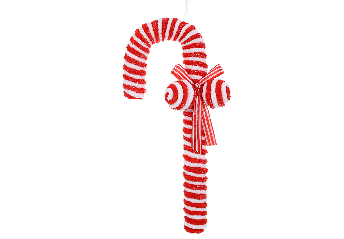 Ялинкова прикраса Льодяник з плюшу, прикрашений гліттером, 33см, колір - червоний з білим - Фото