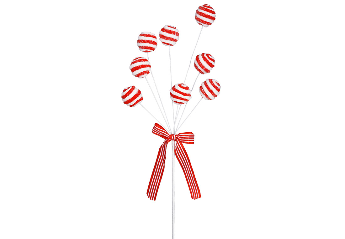 Ялинкова прикраса Льодяник на паличці з плюшу, прикрашений гліттером, 61см, колір - червоний з білим - Фото