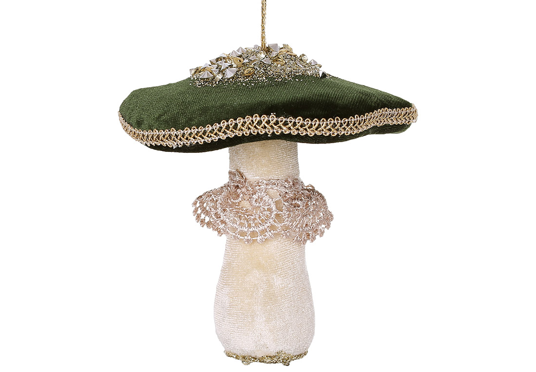 Декоративна м'яка підвіска Гриб з декором з паєток, 12*10см, колір - зелений - Фото