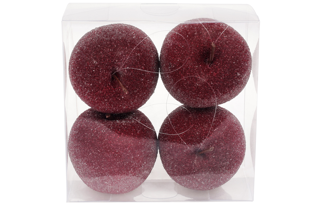 Набір (4шт) підвісних декоративних Яблук у цукрі, 8.5см, колір - темно-червоний - Фото
