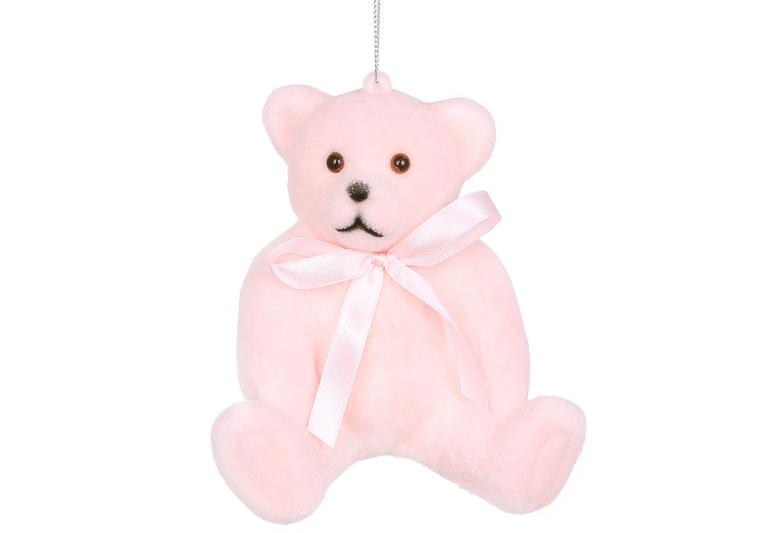 Ялинкова прикраса Ведмедик із флоковим напиленням 12см, колір - рожевий - Фото