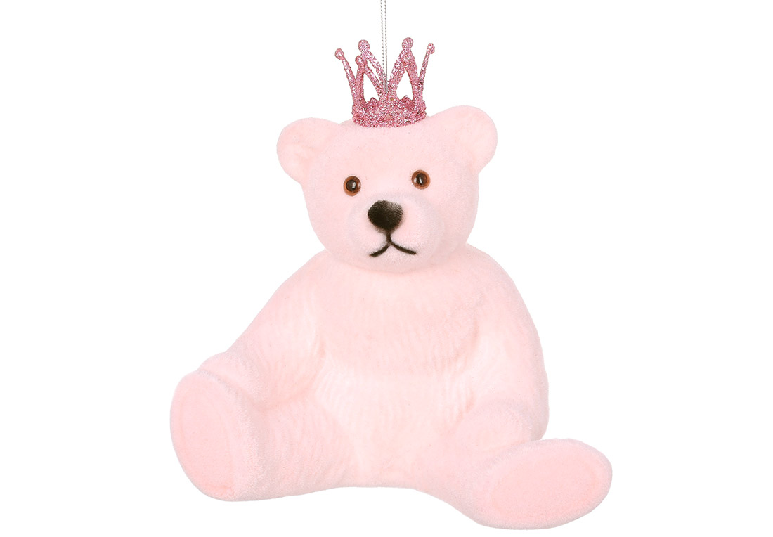 Ялинкова прикраса Ведмедик з короною з флоковим напиленням, 20см, колір - рожевий - Фото