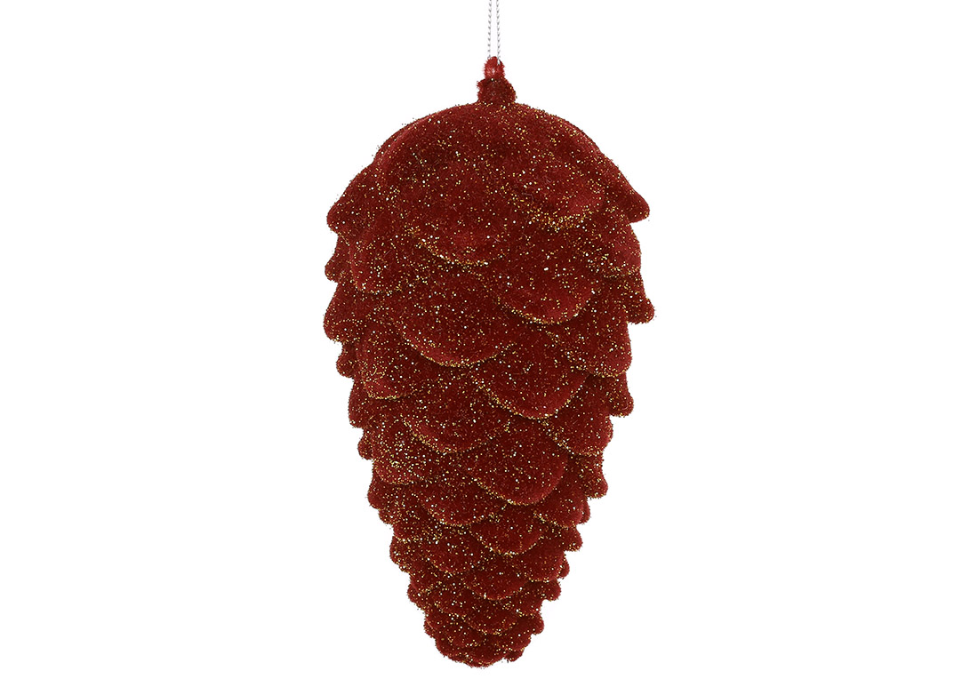 Ялинкова прикраса Шишка з флоковим напиленням 19см, колір - бордовий гліттер - Фото