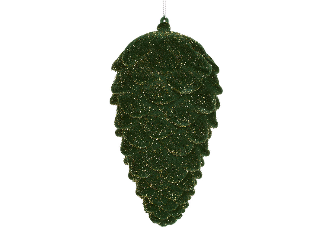 Ялинкова прикраса Шишка з флоковим напиленням 19см, колір темно - зелений гліттер - Фото