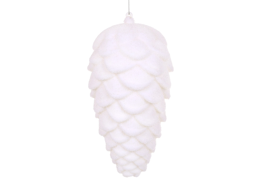 Ялинкова прикраса Шишка з флоковим напиленням 19см, колір - білий гліттер - Фото