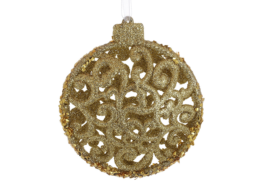 Ялинкова пластикова прикраса Ажур 11.5см, колір - золото з блискітками. - Фото