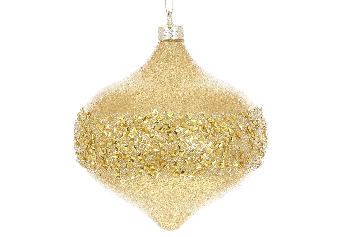 Ялинкова прикраса у формі цибулини з декором із гліттера 10см, колір - золото - Фото