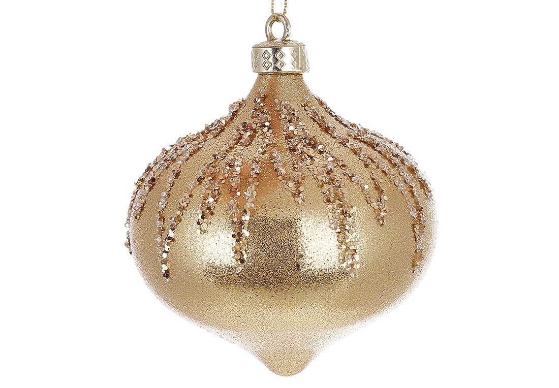 Ялинкова прикраса у формі цибулини з декором із гліттера 10см, колір - золото - Фото