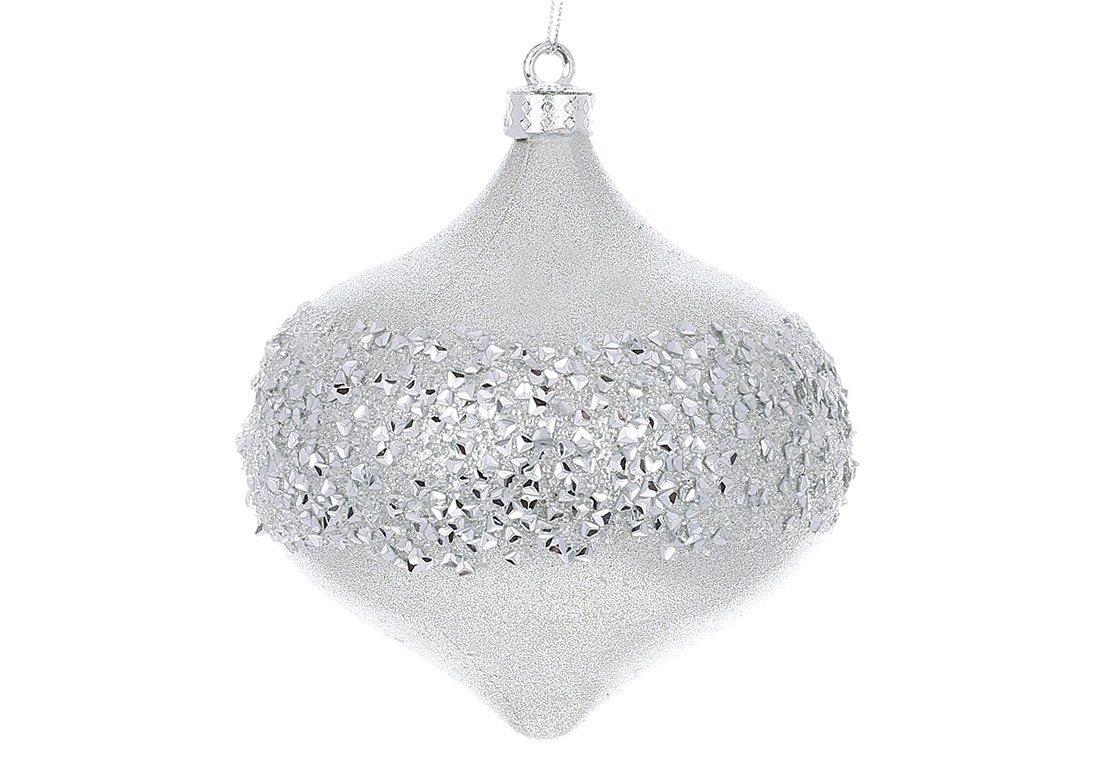 Ялинкова прикраса у формі цибулини з декором із гліттера 8см, колір - срібло - Фото