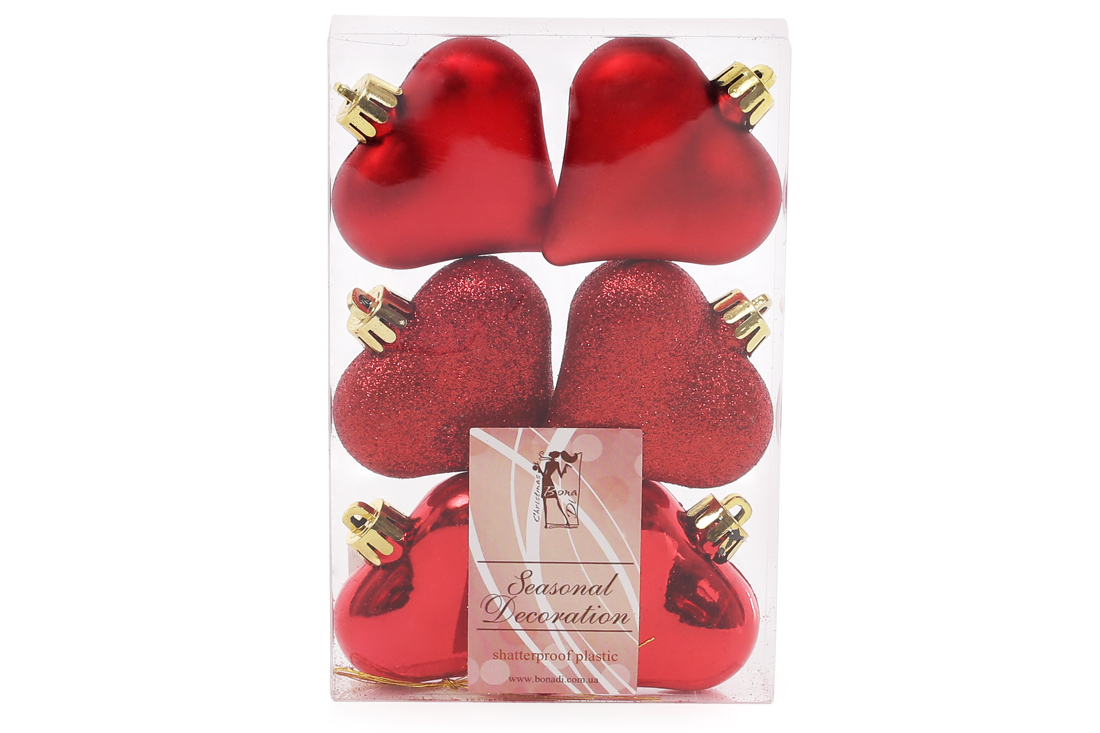 Набір ялинкових прикрас Серця 6см, колір - червоний, 6шт: глянець, матовий, гліттер - по 2шт - Фото