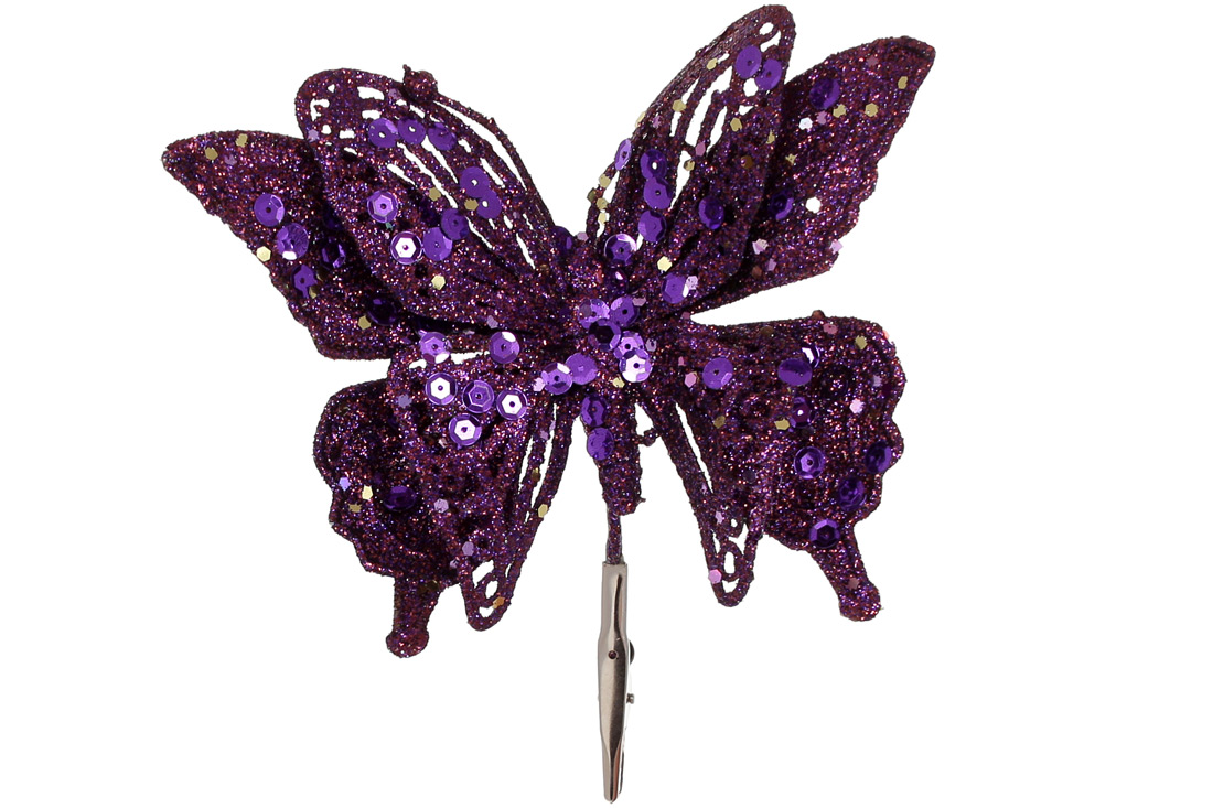Ялинкова прикраса на кліпсі Метелик, 17см, колір - фіолетовий гліттер - Фото