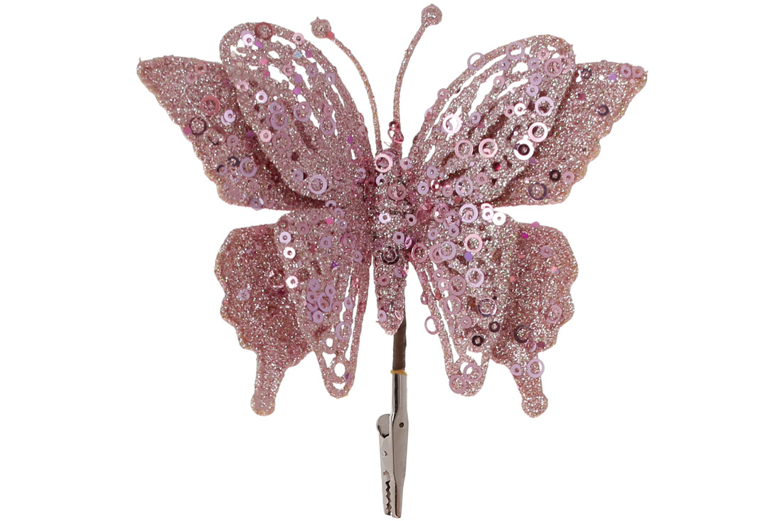 Ялинкова прикраса на кліпсі Метелик, 17см, колір - світло-рожевий гліттер - Фото