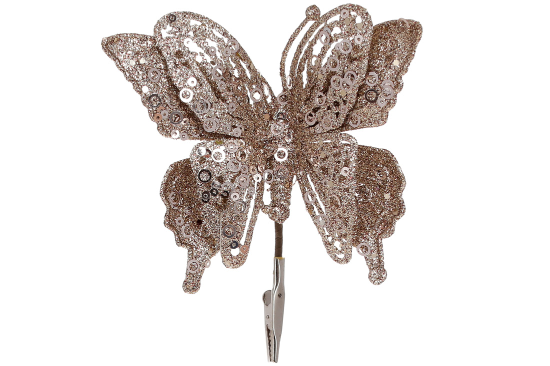 Ялинкова прикраса на кліпсі Метелик, 17см, колір - мокко гліттер - Фото