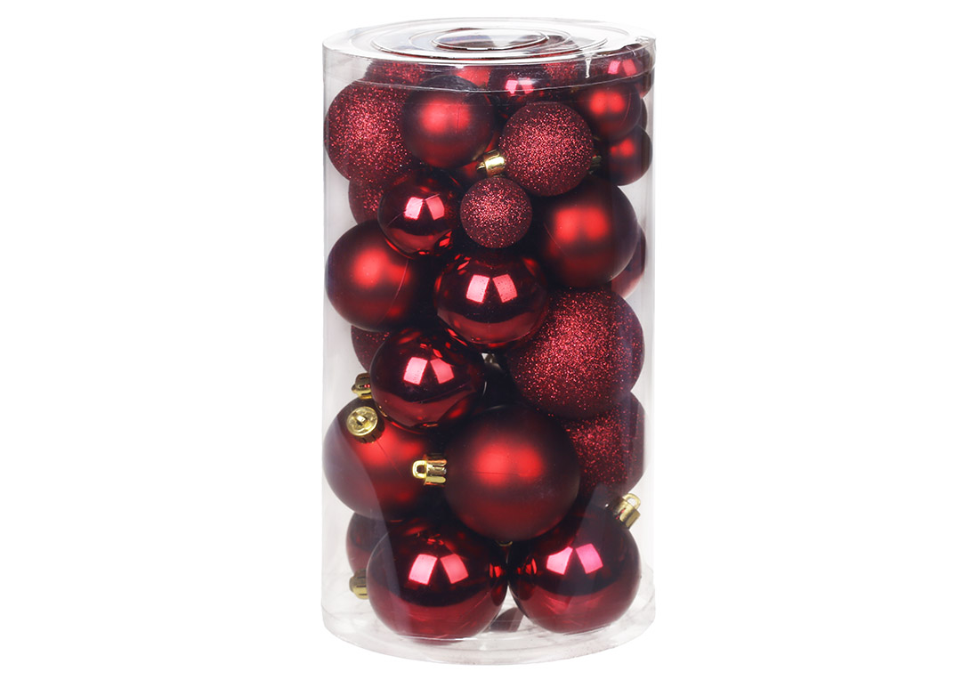 Набір ялинкових куль, колір - марсала, 40шт - 6см, 5см, 4см, 3см: 4шт - глянець, 3шт - матовий, 3шт - гліттер для кожного розміру - Фото